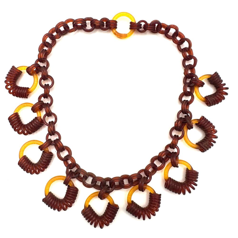 Vintage retro 1940s butterscotch yellow amber brown celluloid chain 15" necklace
